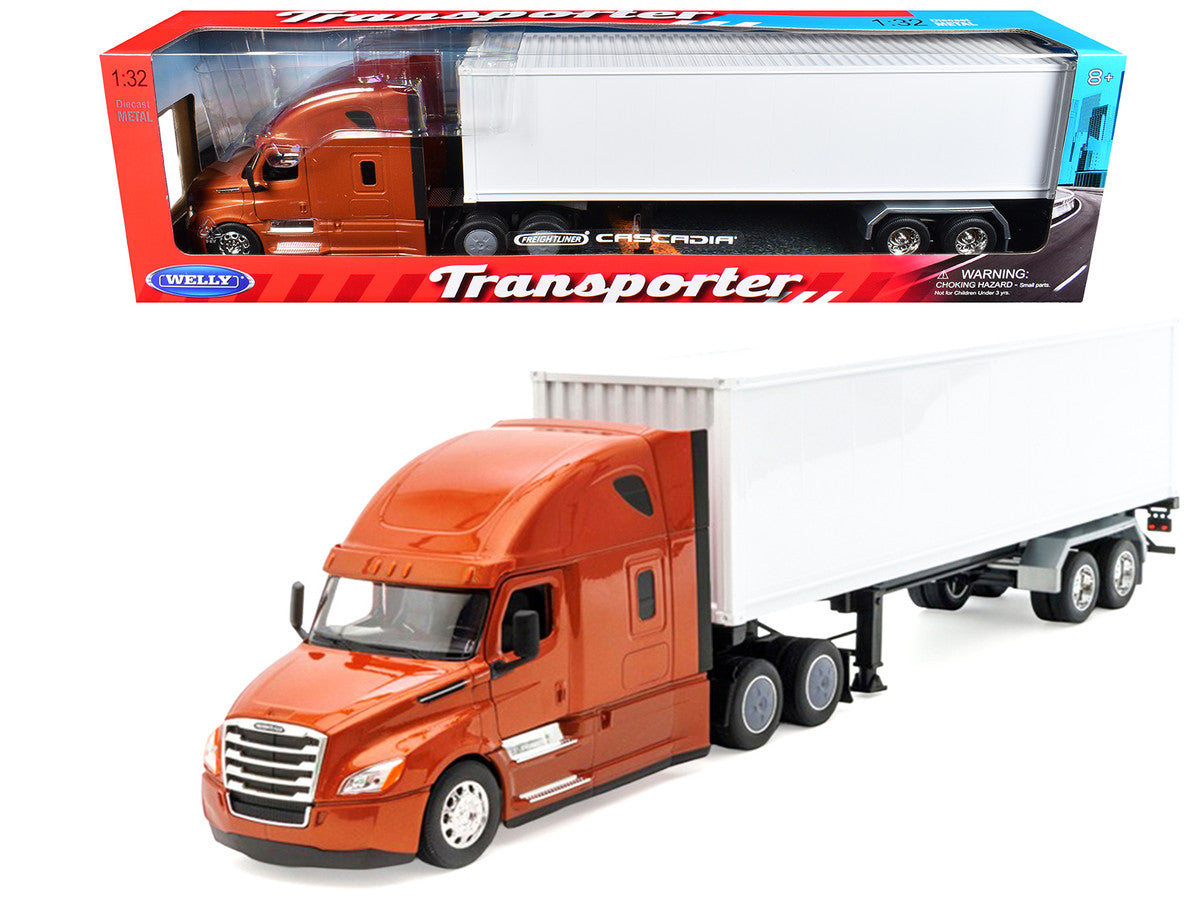 Freightliner Cascadia Truck Bronze Metallic with White Container "Transporter" Series 1/32 Diecast Model by Welly LuxuryLifeWay Online Store