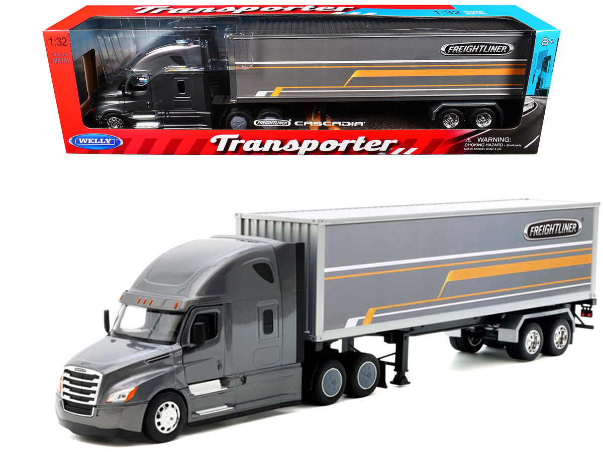 Freightliner Cascadia Truck Gray Metallic with Gray Container with Graphics "Transporter" Series 1/32 Diecast Model by Welly LuxuryLifeWay Online Store