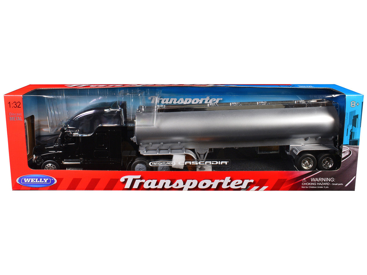 Freightliner Cascadia Truck Black with Silver Tanker Trailer "Transporter" Series 1/32 Diecast Model by Welly LuxuryLifeWay Online Store