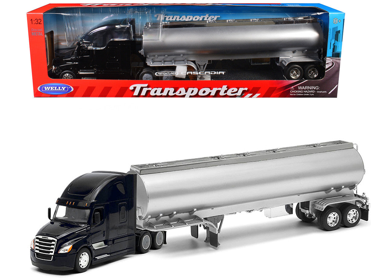 Freightliner Cascadia Truck Black with Silver Tanker Trailer "Transporter" Series 1/32 Diecast Model by Welly LuxuryLifeWay Online Store
