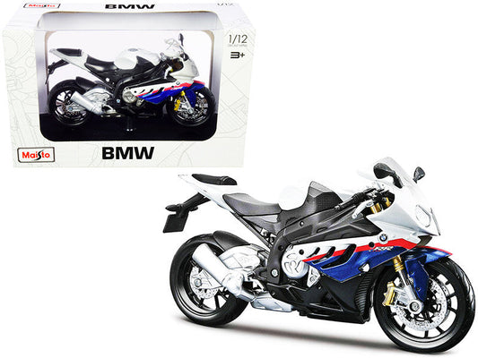 BMW S 1000 RR White with Blue and Red Stripes with Plastic Display Stand 1/12 Diecast Motorcycle Model by Maisto LuxuryLifeWay Online Store