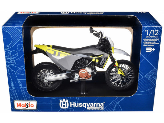 2023 Husqvarna 701 Supermoto Motorcycle Matt Black and Gray with Yellow and White Accents with Display Base 1/12 Diecast Model by Maisto LuxuryLifeWay Online Store