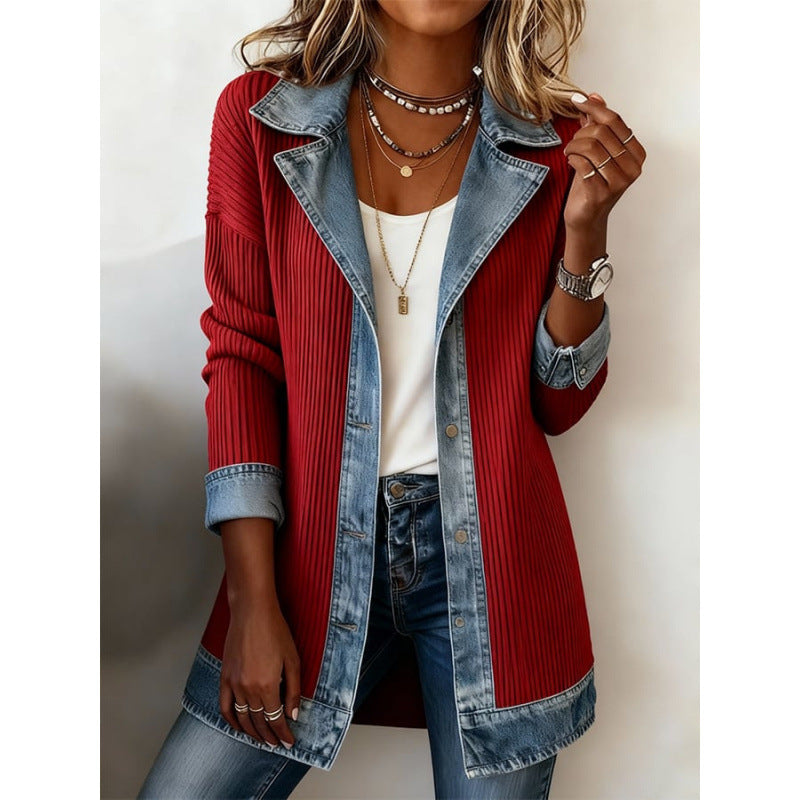 Denim Patchwork Jacket Fashion Commuter Lapel Button-down Long-sleeved Top For Women's Clothing NorixaFashion.com