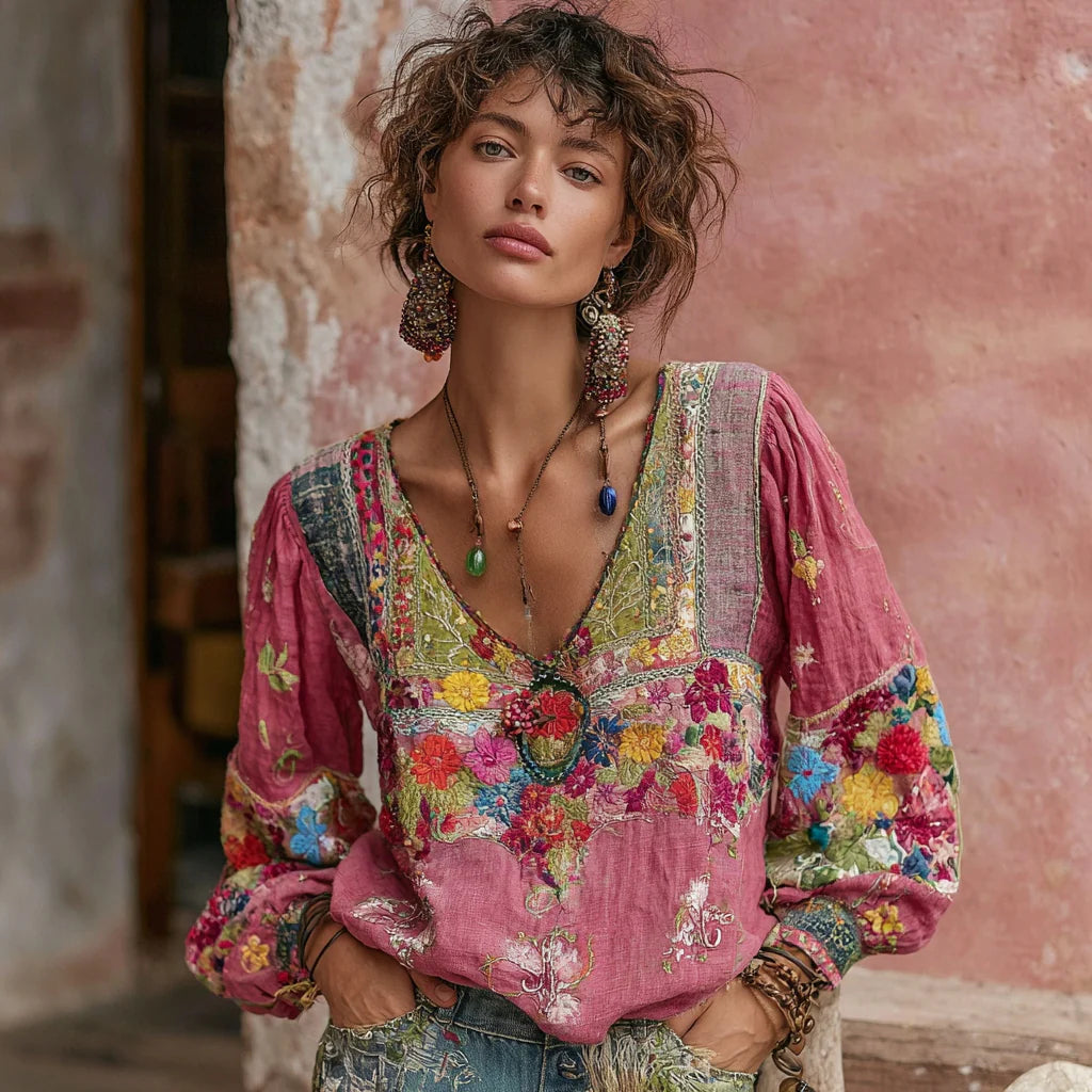 Women's Casual Vintage Bohemian V-neck Top With Ethnic-style Long Sleeves LadyShow.Store