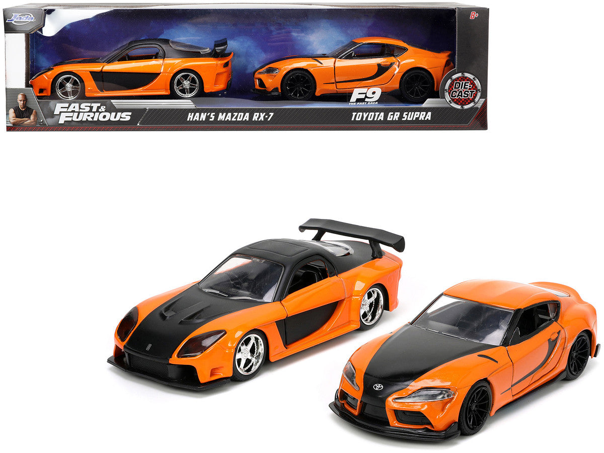Han's Mazda RX-7 Orange Metallic and Matt Black and Toyota GR Supra Orange Metallic with Black Hood Set of 2 pieces "Fast & Furious" Series 1/32 Diecast Model Cars by Jada LuxuryLifeWay Online Store