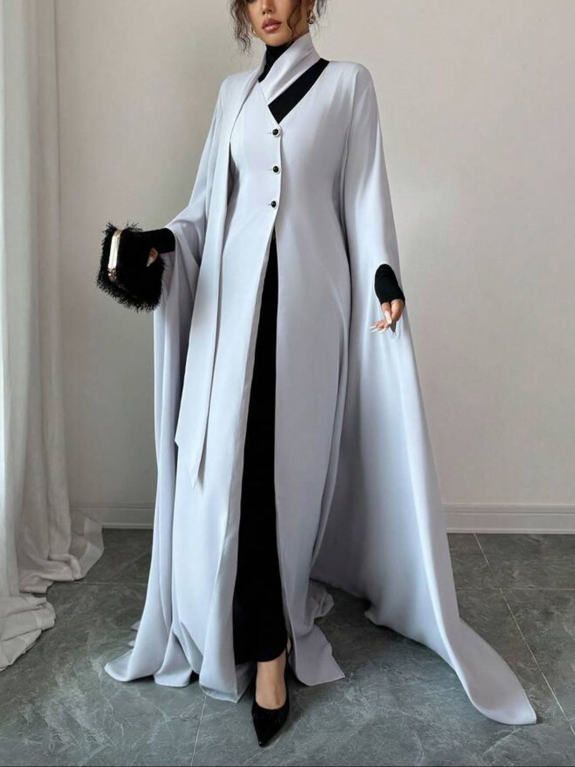 Light Grey Longline Cloak Dress NorixaFashion.com