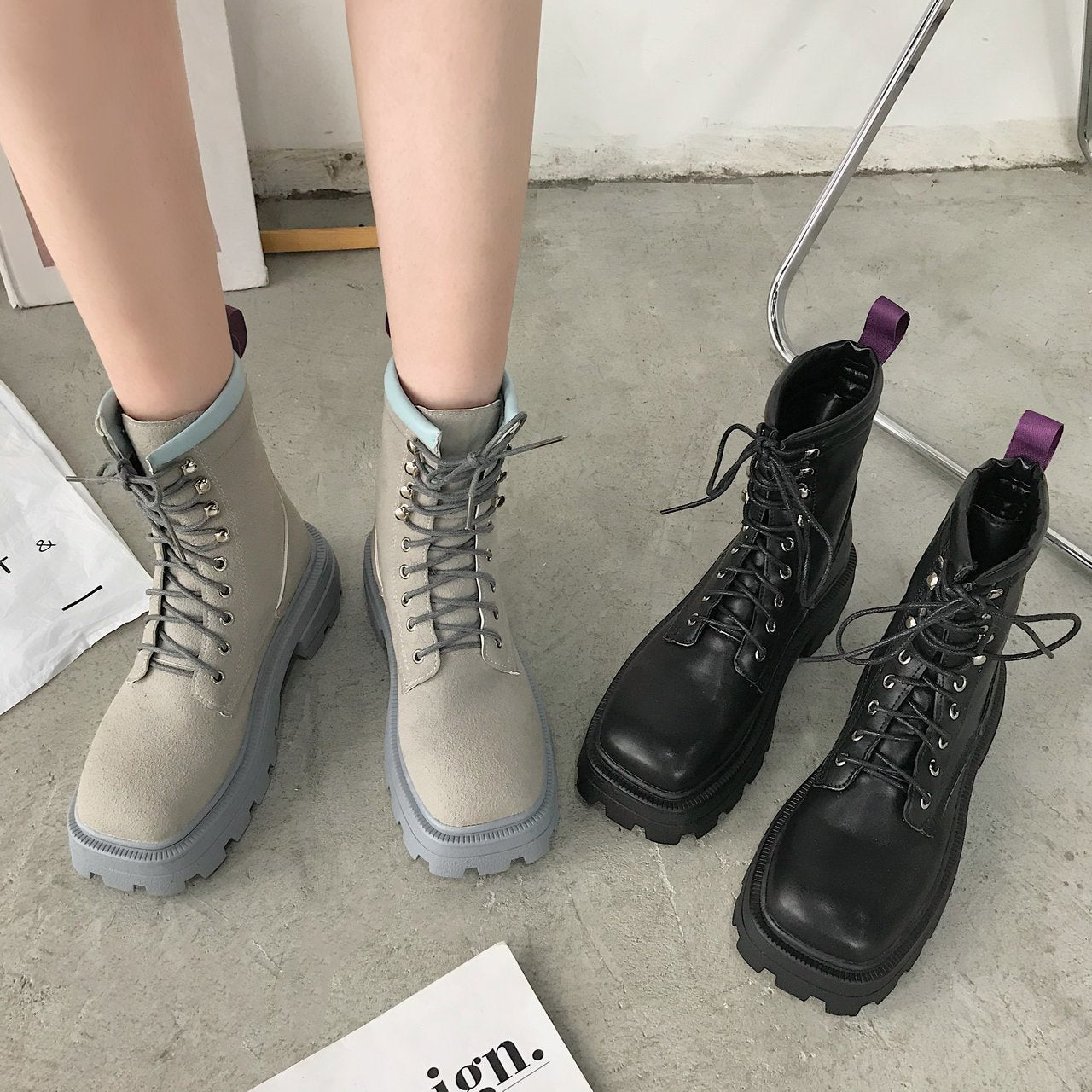 Square toe platform mid-heel lace-up fashion boots LadyShow.Store