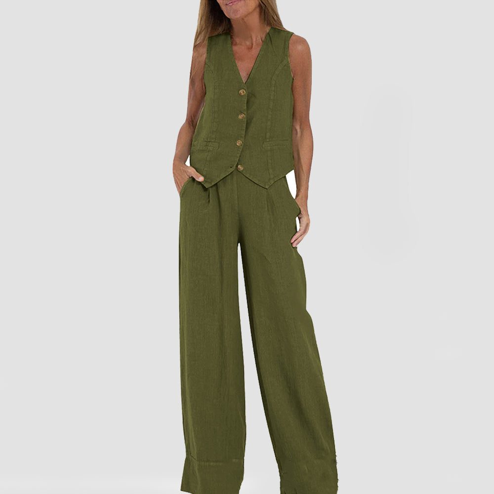 Summer Vest Suits V-neck Botton Sleeveless Top And Loose Straight Trousers Casual Womens Clothing NorixaFashion.com