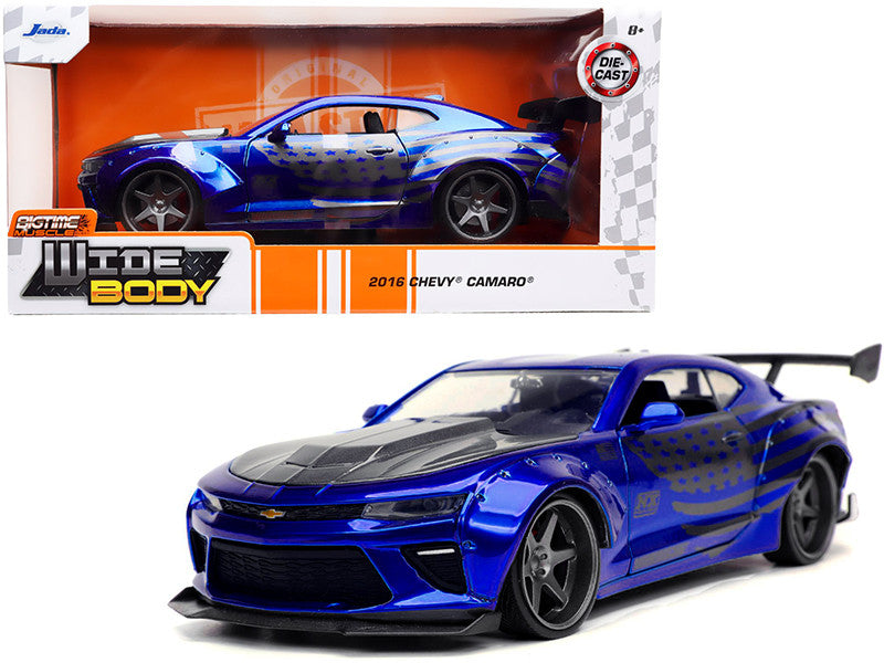 2016 Chevrolet Camaro Widebody Candy Blue with Gray Metallic Hood and American Flag Graphics "Bigtime Muscle" Series 1/24 Diecast Model Car by Jada LuxuryLifeWay Online Store