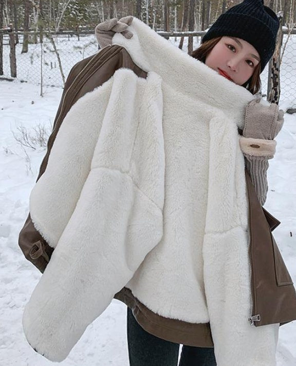 Light Brown Lapel Small Rabbit Fur Thick Loose Short Leather Jacket Best YouTube Store
