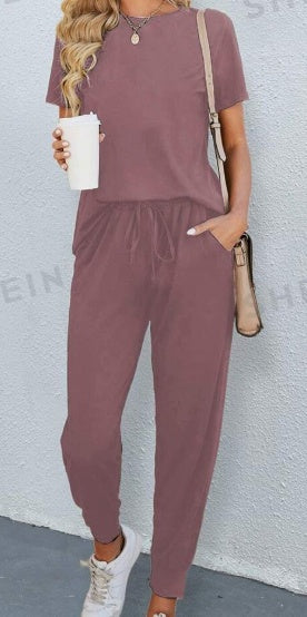 Solid Round Neck Tee & Pants Set LadyShow.Store