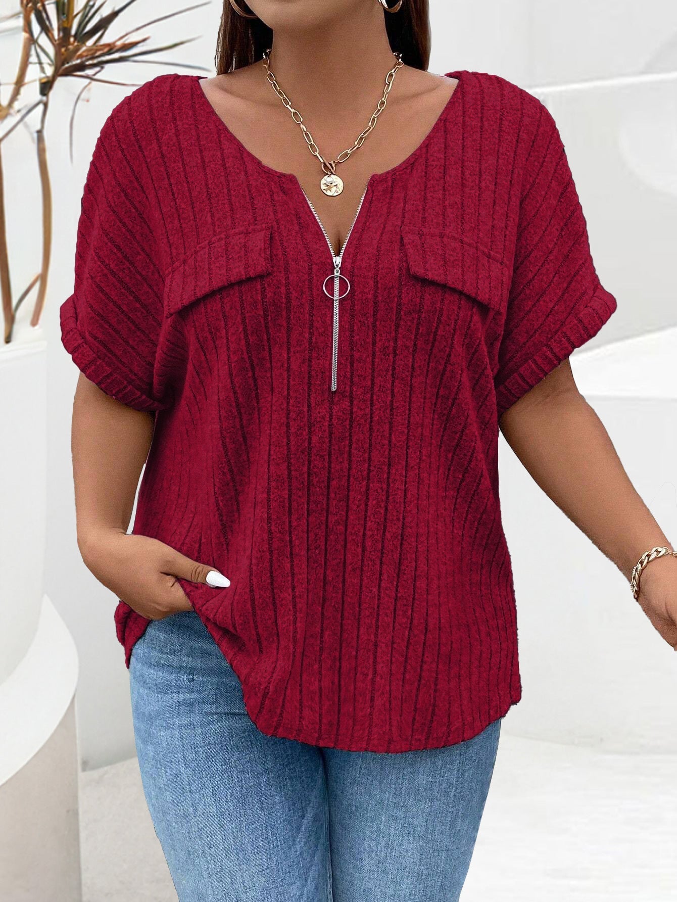 Solid-color Plus-size Top With Zipper Short Sleeves And Faux Pockets NorixaFashion.com