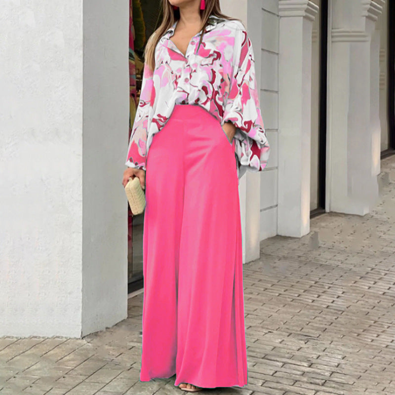 Loose And Elegant Casual Printed Shirt Top Wide Leg Pants Fashion Suit NorixaFashion.com