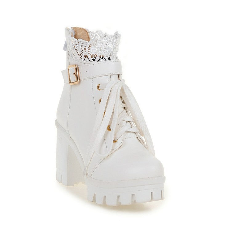 Lace Ankle Boots Lace-up Square Heeled Shoes Women White Black Boots LadyShow.Store
