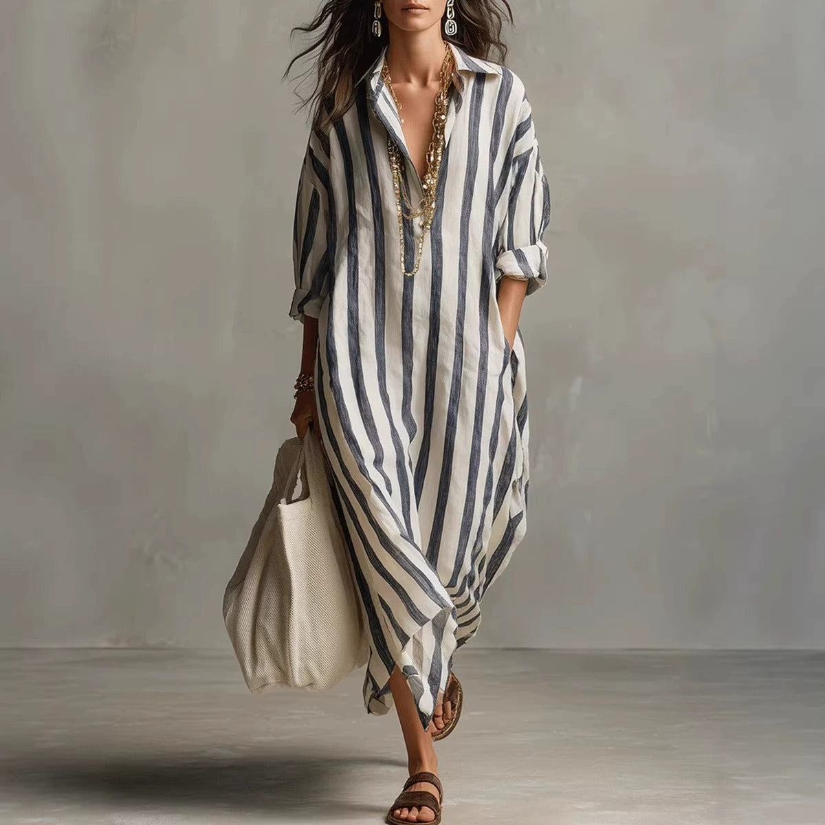 2026 Summer New Arrival, Women's Elegant Long Striped Dress With V-Neck NorixaFashion.com