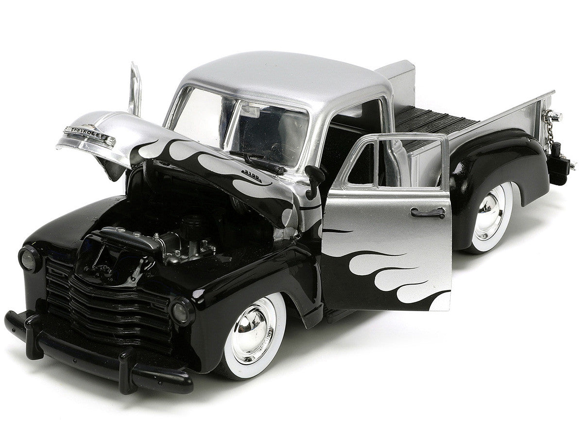 1953 Chevrolet 3100 Pickup Truck Silver Metallic with Black Flames with Extra Wheels "Just Trucks" Series 1/24 Diecast Model Car by Jada LuxuryLifeWay Online Store