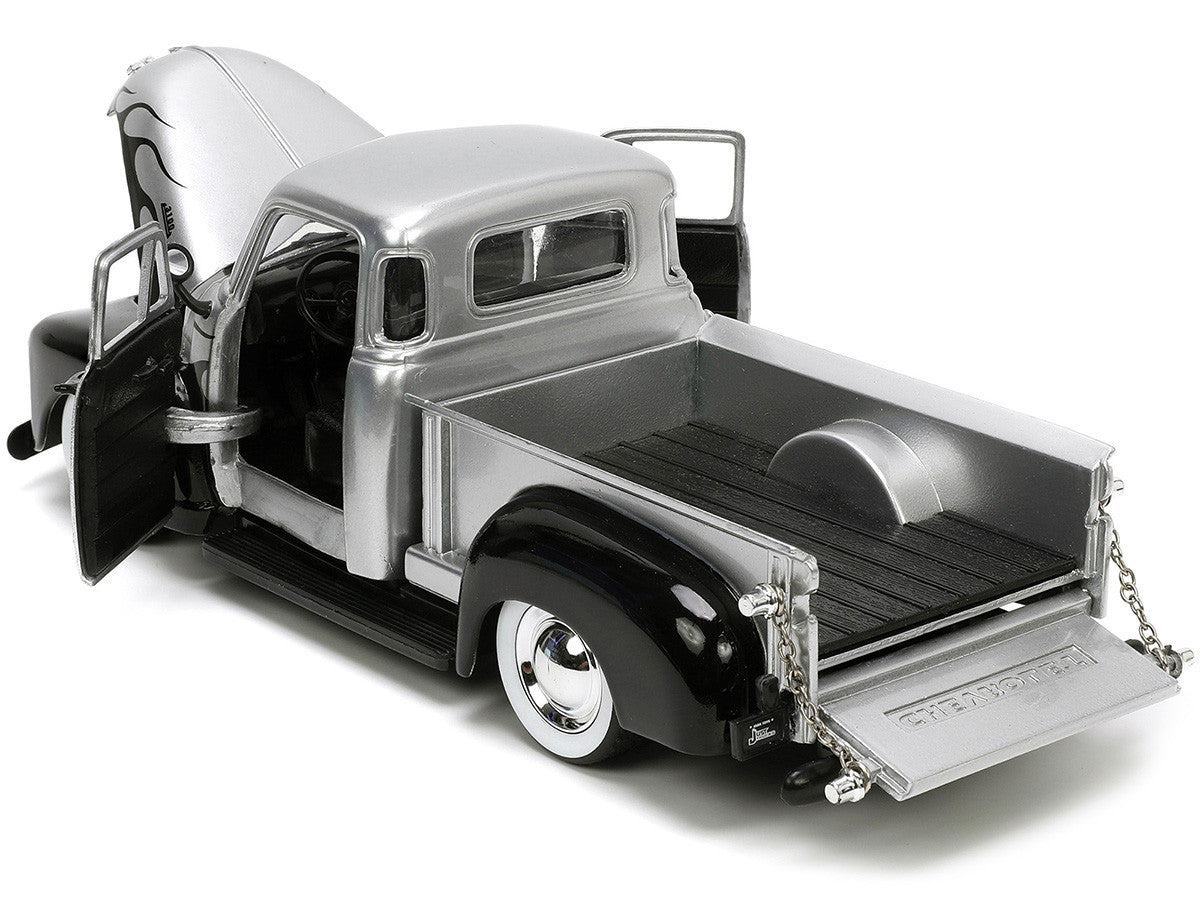 1953 Chevrolet 3100 Pickup Truck Silver Metallic with Black Flames with Extra Wheels "Just Trucks" Series 1/24 Diecast Model Car by Jada LuxuryLifeWay Online Store
