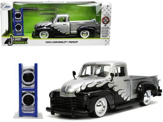 1953 Chevrolet 3100 Pickup Truck Silver Metallic with Black Flames with Extra Wheels "Just Trucks" Series 1/24 Diecast Model Car by Jada LuxuryLifeWay Online Store