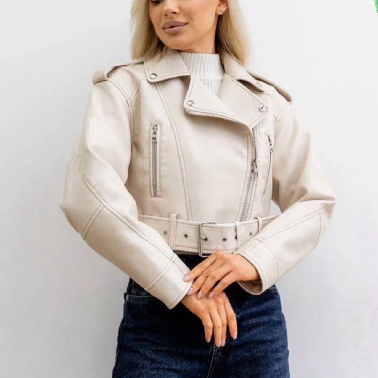 Fashionable Washed Faux Leather Motorcycle PU Zipper Jacket LadyShow.Store