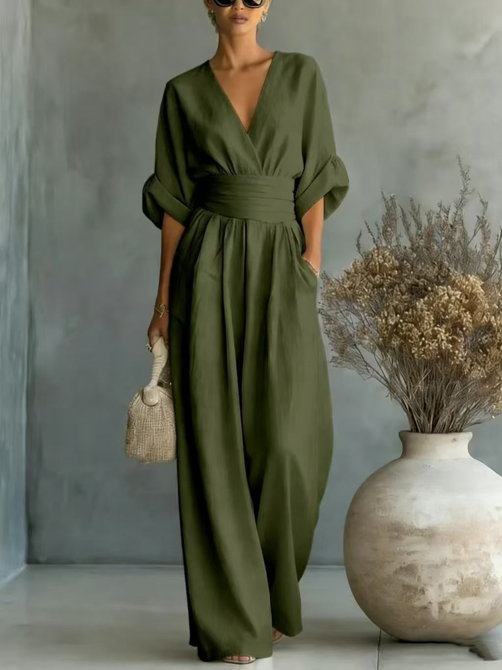 Elegant Waist-cinching V-neck Slimming Chic Jumpsuit For Women NorixaFashion.com