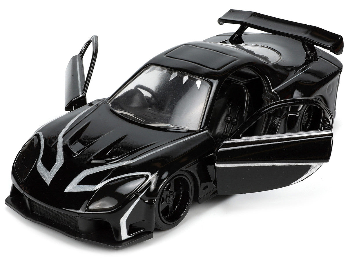 1995 Mazda RX-7 RHD (Right Hand Drive) Black and Black Panther Diecast Figure "The Avengers" "Hollywood Rides" Series 1/32 Diecast Model Car by Jada LuxuryLifeWay Online Store