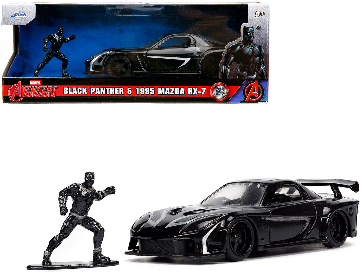 1995 Mazda RX-7 RHD (Right Hand Drive) Black and Black Panther Diecast Figure "The Avengers" "Hollywood Rides" Series 1/32 Diecast Model Car by Jada LuxuryLifeWay Online Store