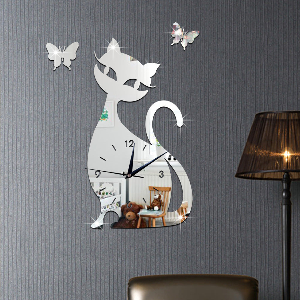 Quartz wall clock bedroom living room wall clock creative cute black cat wall sticker clock PearlNestDecor.com