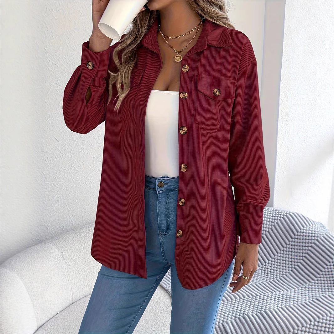 European And American Corduroy Striped Mid-length Coat Shirt NorixaFashion.com