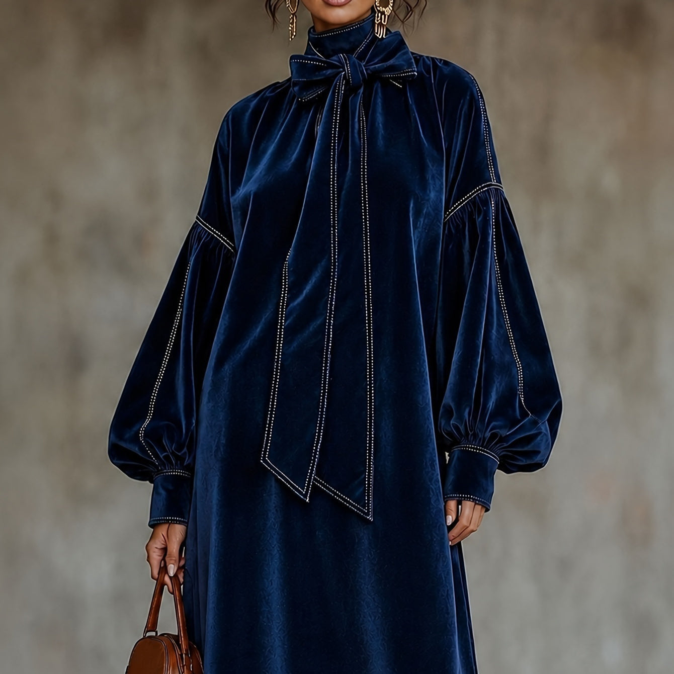 New High-neck Velvet Dress With Bow NorixaFashion.com