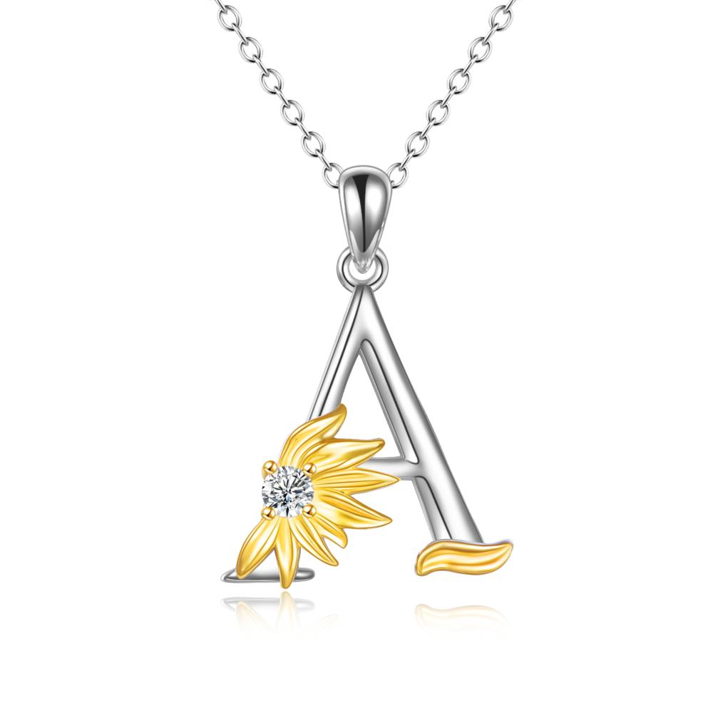 Sterling Silver Initial Alphabet Sunflower A Letter Script Name Pendant Necklace LadyShow.Store