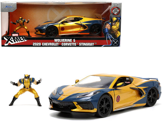 2020 Chevrolet Corvette C8 Stingray Gold Metallic and Dark Blue and Wolverine Diecast Figurine "X-Men" "Marvel" Series "Hollywood Rides" 1/24 Diecast Model Car by Jada LuxuryLifeWay Online Store