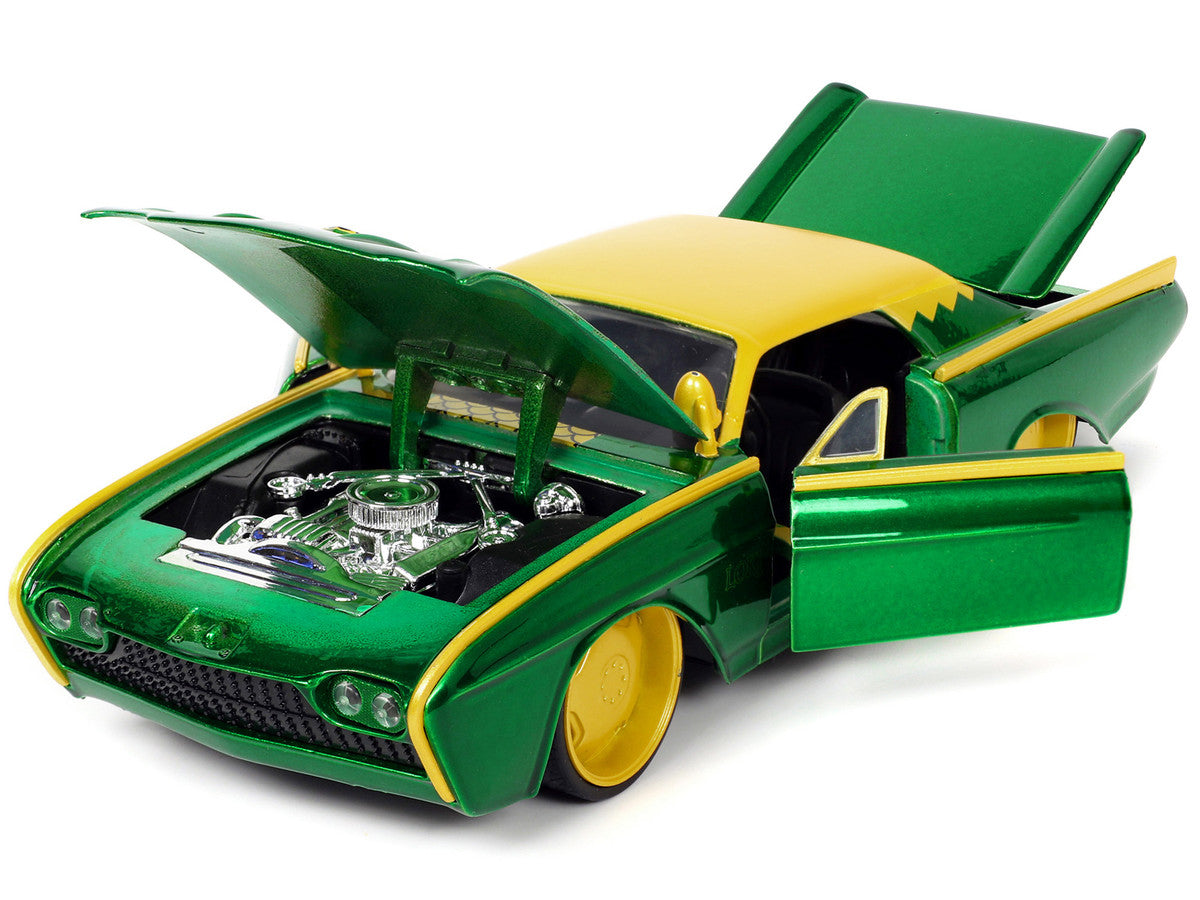 1963 Ford Thunderbird Green and Yellow Metallic with Hood Graphics and Loki Diecast Figure "Loki" "Marvel" Series 1/24 Diecast Model Car by Jada LuxuryLifeWay Online Store