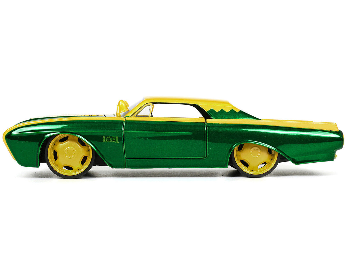 1963 Ford Thunderbird Green and Yellow Metallic with Hood Graphics and Loki Diecast Figure "Loki" "Marvel" Series 1/24 Diecast Model Car by Jada LuxuryLifeWay Online Store