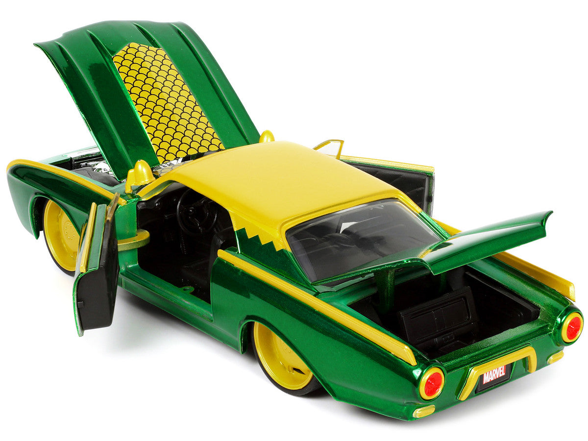 1963 Ford Thunderbird Green and Yellow Metallic with Hood Graphics and Loki Diecast Figure "Loki" "Marvel" Series 1/24 Diecast Model Car by Jada LuxuryLifeWay Online Store