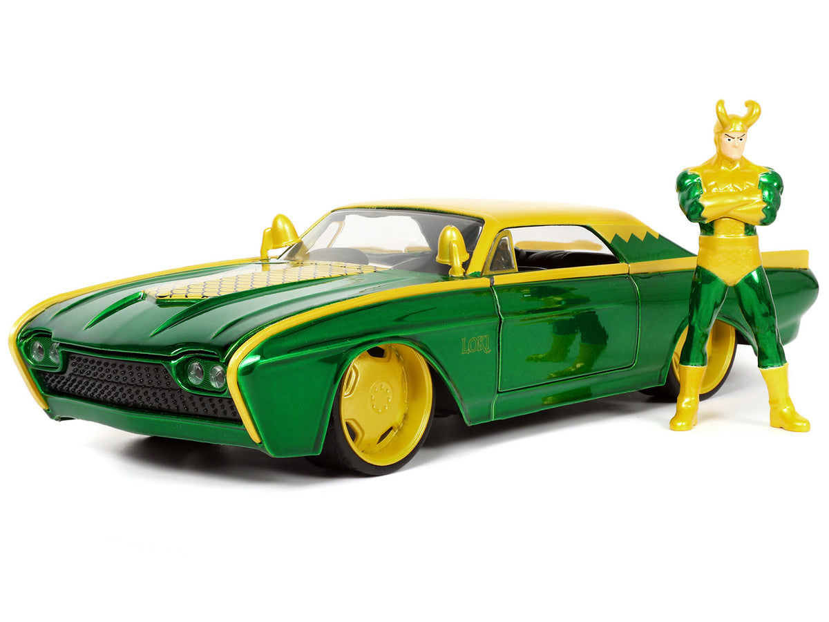 1963 Ford Thunderbird Green and Yellow Metallic with Hood Graphics and Loki Diecast Figure "Loki" "Marvel" Series 1/24 Diecast Model Car by Jada LuxuryLifeWay Online Store