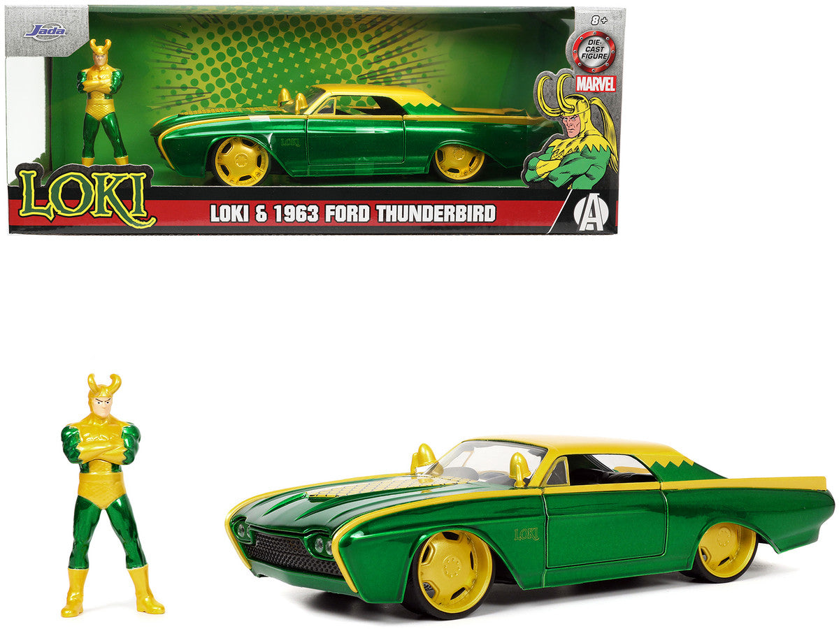 1963 Ford Thunderbird Green and Yellow Metallic with Hood Graphics and Loki Diecast Figure "Loki" "Marvel" Series 1/24 Diecast Model Car by Jada LuxuryLifeWay Online Store