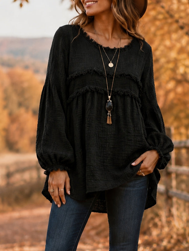 Casual Patchwork Tassel Fringe Crew-Neck T-Shirt Top NorixaFashion.com