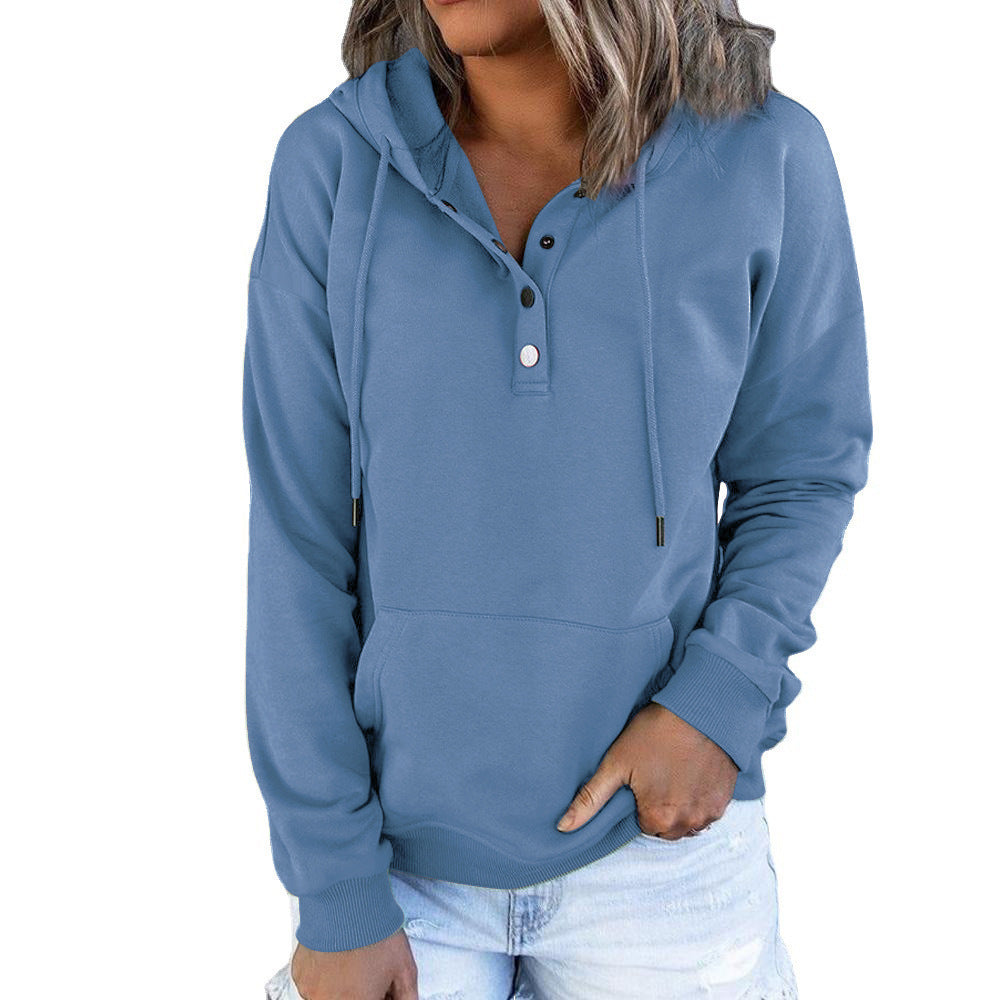 Long-sleeved Hooded Sweatshirt With Pockets Fashion Casual Button Drawstring Design Hoodie Top Spring And Autumn Sports Clothing For Women LadyShow.Store