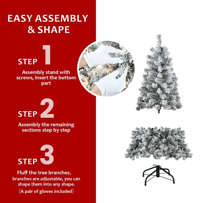 Pre-Lit Flocked Christmas Tree - PVC Artificial Xmas Tree with Lights (4ft to 7ft, FedEx Shipping from USA)