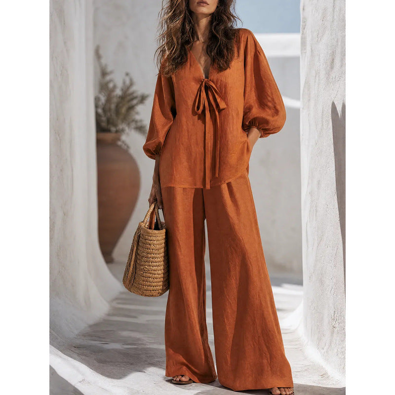 Independent Station Cross-border 2026 European And American Style Spring And Summer New Simple Casual Solid Color Lace-up Jacket Straight Pants Two-piece Set NorixaFashion.com