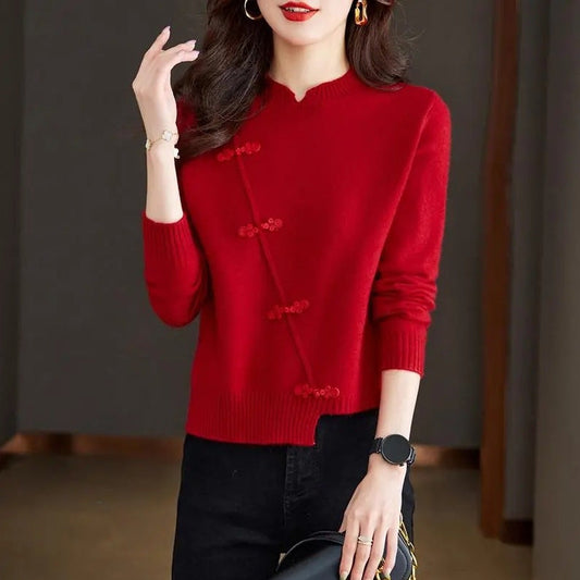 Red Thickened Knit Sweater New Irregular Temperament LadyShow.Store