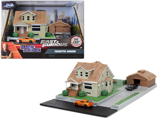 Toretto House Diorama with Dodge Charger Black and Toyota Supra Orange with Graphics "Fast and Furious" "Nano Scene" Series Models by Jada LuxuryLifeWay Online Store