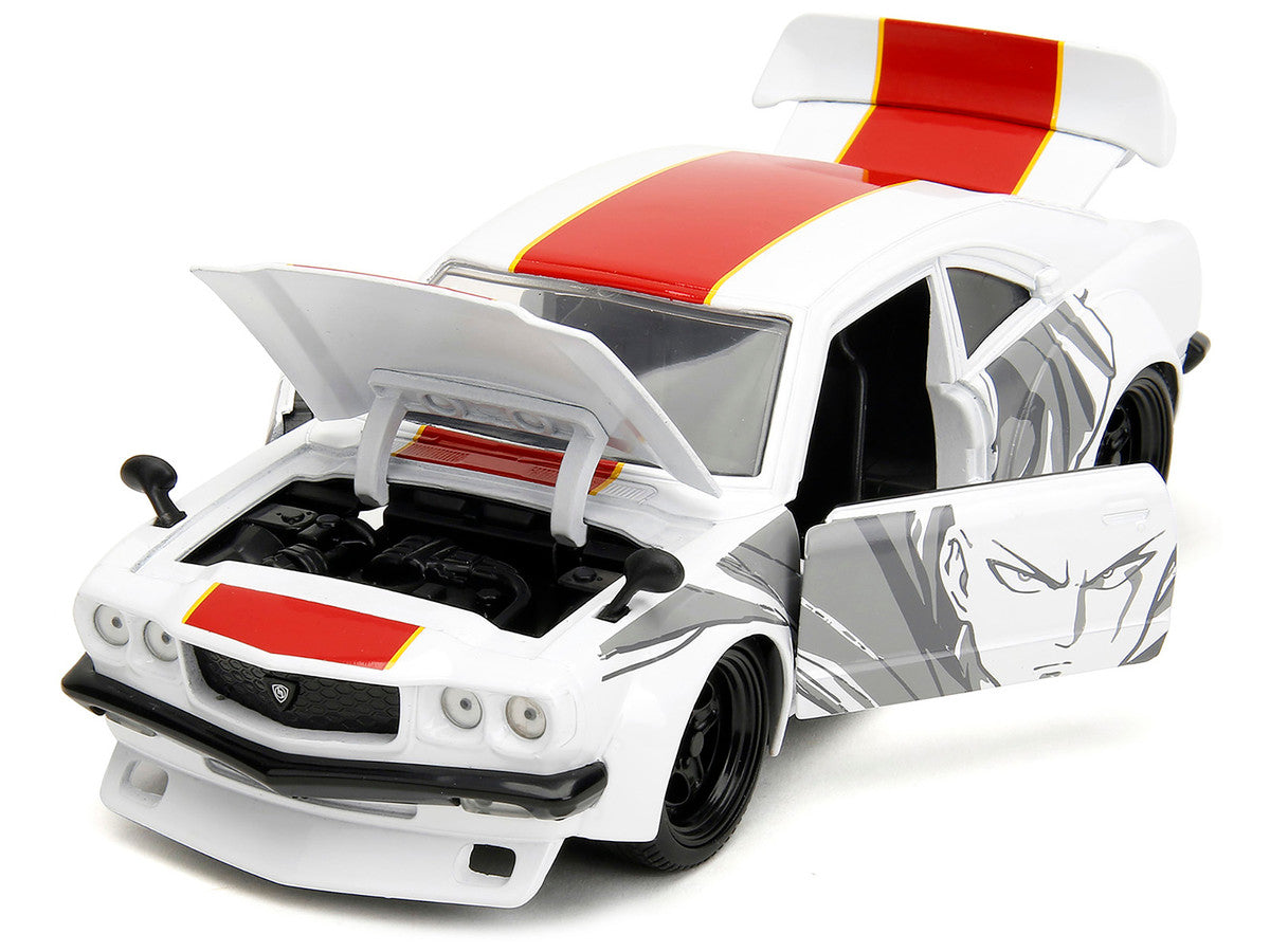 1974 Mazda RX-3 White with Red Stripe and Graphics and Saitama Diecast Figure "One Punch Man" (2015-2019) TV Series 1/24 Diecast Model Car by Jada LuxuryLifeWay Online Store