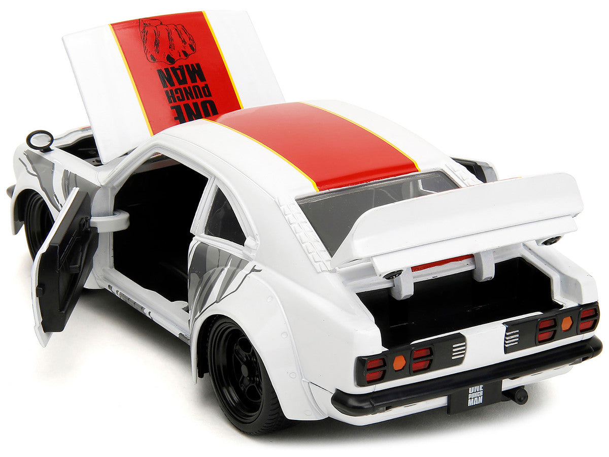 1974 Mazda RX-3 White with Red Stripe and Graphics and Saitama Diecast Figure "One Punch Man" (2015-2019) TV Series 1/24 Diecast Model Car by Jada LuxuryLifeWay Online Store