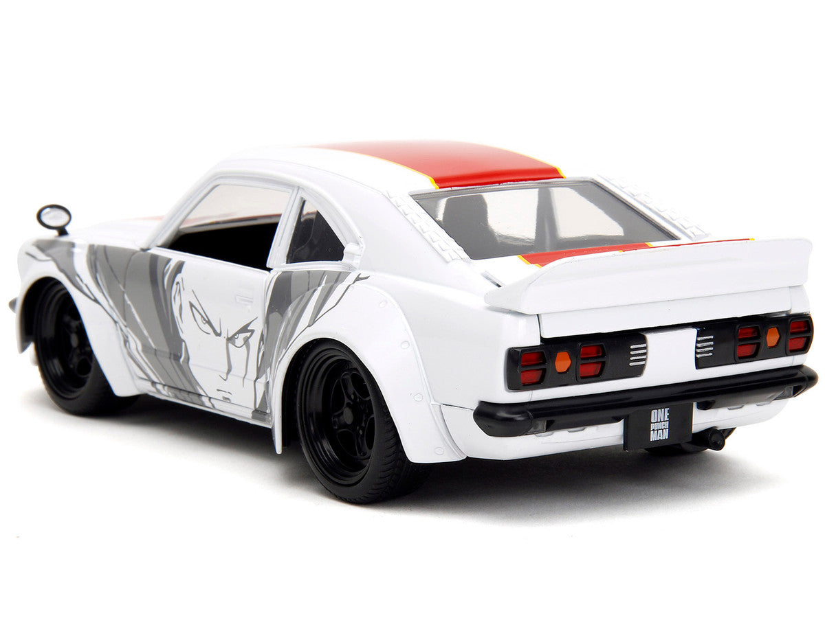 1974 Mazda RX-3 White with Red Stripe and Graphics and Saitama Diecast Figure "One Punch Man" (2015-2019) TV Series 1/24 Diecast Model Car by Jada LuxuryLifeWay Online Store