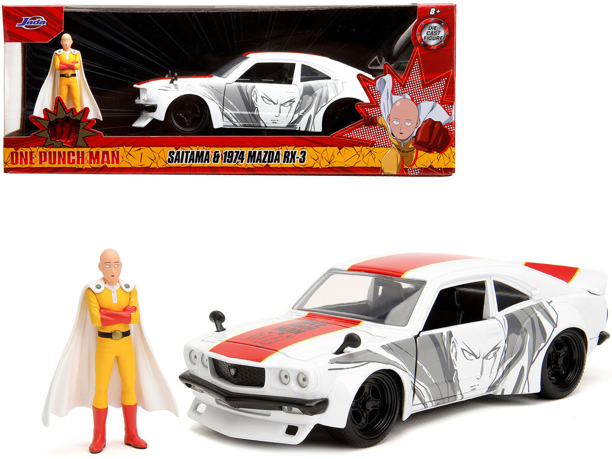 1974 Mazda RX-3 White with Red Stripe and Graphics and Saitama Diecast Figure "One Punch Man" (2015-2019) TV Series 1/24 Diecast Model Car by Jada LuxuryLifeWay Online Store
