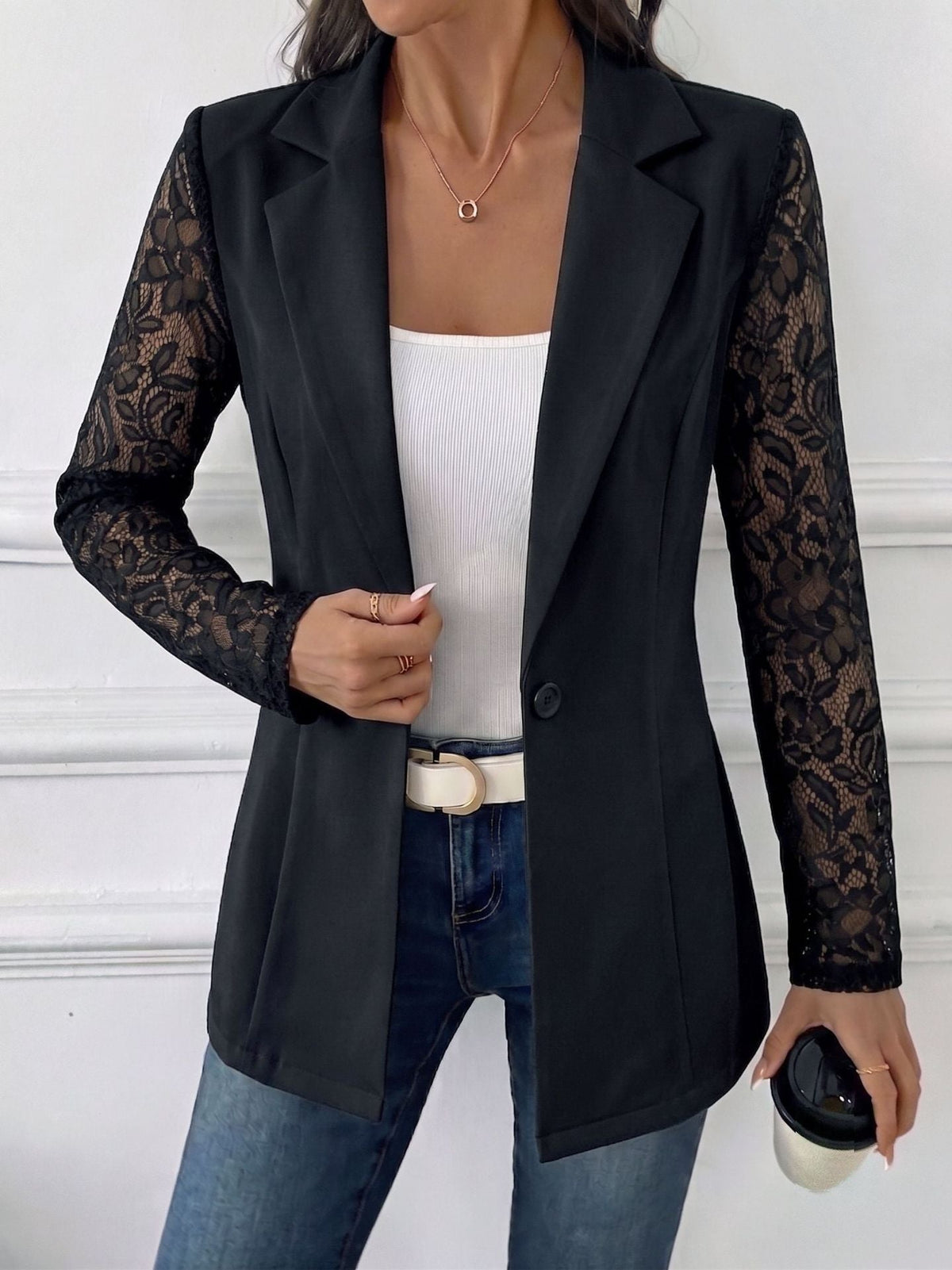 European And American Cross-border 2026 Autumn New Fashion Lapel Slim-fit One-button Blazer With Lace Long-sleeve Patchwork Jacket NorixaFashion.com