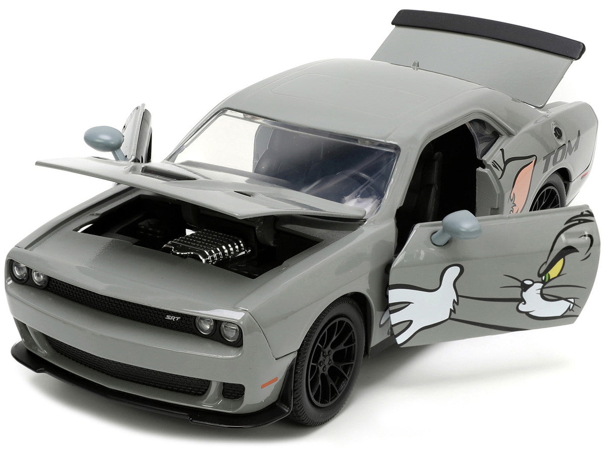 2015 Dodge Challenger Hellcat Gray with "Tom" Graphics and Jerry Diecast Figure "Tom and Jerry" "Hollywood Rides" Series 1/24 Diecast Model Car by Jada LuxuryLifeWay Online Store