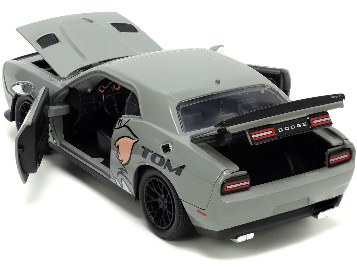 2015 Dodge Challenger Hellcat Gray with "Tom" Graphics and Jerry Diecast Figure "Tom and Jerry" "Hollywood Rides" Series 1/24 Diecast Model Car by Jada LuxuryLifeWay Online Store