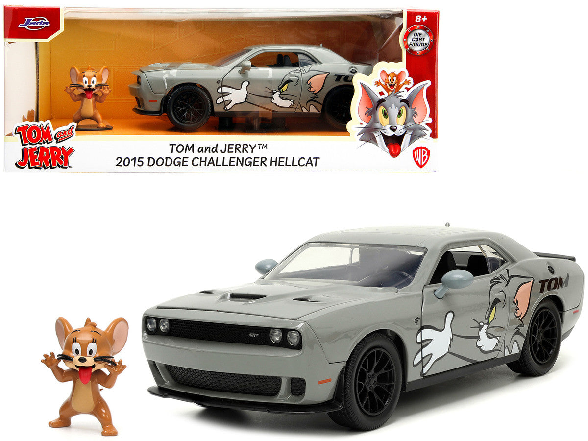 2015 Dodge Challenger Hellcat Gray with "Tom" Graphics and Jerry Diecast Figure "Tom and Jerry" "Hollywood Rides" Series 1/24 Diecast Model Car by Jada LuxuryLifeWay Online Store